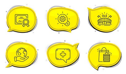 Medical chat sign. Diploma certificate, save planet chat bubbles. Shopping bags, Sports arena and Cogwheel line icons set. Sale marketing, Event stadium, Idea bulb. Medicine help. Business set. Vector