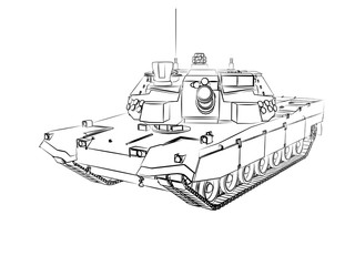 Military equipment, heavy weapons tank only in outline, sketch style, gun barrel looking at the camera