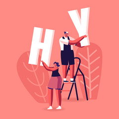 Male and Female Characters Stand on Ladder Holding Huge Letters H and Y Parts of Word Hype. Concept of Viral Internet Content, Fake Information and Ideas Propaganda. Cartoon People Vector Illustration