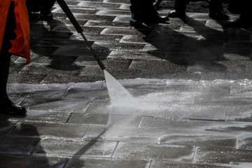 Street disinfection, preventive quarantine measures.Empty streets. Road washing.Epidemic