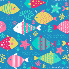 Cute fishes under water. Seamless vector pattern with fishes, starfishes, sea plant and waves.