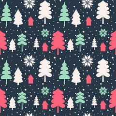 Obraz premium House in the forest. Seamless vector pattern on the dark background.