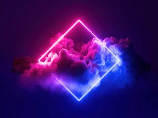Fotobehang 3D render, abstracte minimale achtergrond, roze blauw neon licht vierkant frame met kopieerruimte, verlichte stormachtige wolken, gloeiende geometrische vorm. © NeoLeo