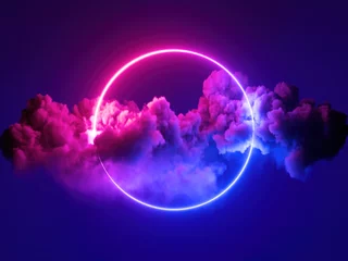 Poster 3D render, abstracte minimale achtergrond, roze blauw neonlicht rond frame met kopieerruimte, verlichte stormachtige wolken, gloeiende ring geometrische vorm. © NeoLeo