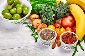 Virus protection food, coronavirus, immunity concept. Selection of food that is good  and healthy for the heart on white wooden background. Top view, flat lay, Copy space.