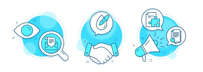 Strategy, Mail newsletter and Eye drops line icons set. Handshake deal, research and promotion complex icons. Search file sign. Puzzle, Open e-mail, Pipette. Find document. Business set. Vector