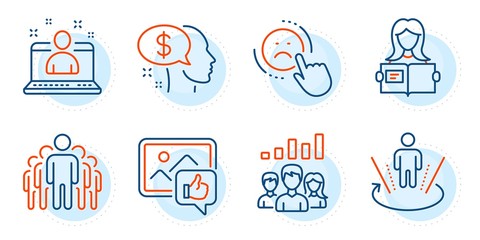 Fototapeta premium Woman read, Dislike and Augmented reality signs. Best manager, Like photo and Pay line icons set. Group, Teamwork results symbols. Best developer, Thumbs up. People set. Outline icons set. Vector