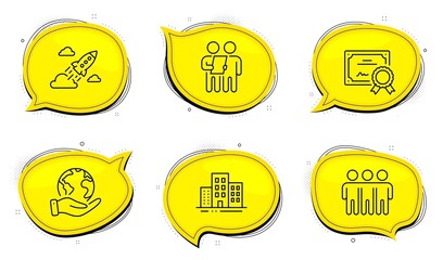 Survey sign. Diploma certificate, save planet chat bubbles. Friendship, Startup rocket and Buildings line icons set. Trust friends, Business innovation, Town apartments. Contract. Business set. Vector