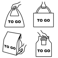 Illustration set of 4 types of take out food icons "TO GO"
