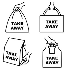 Illustration set of 4 types of take out food icons "TAKE AWAY"