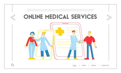 Distant Online Medicine Consultation, Smart Medical Technologies Landing Page Template. Doctors Characters Communicate with Patients through Gadgets from Hospital. Linear People Vector Illustration