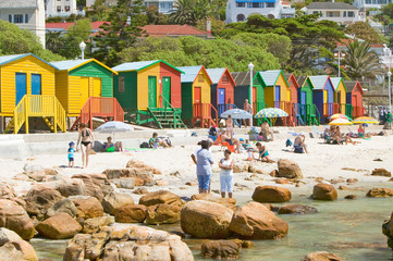 Bright Crayon-Colored Beach Huts at St James, False Bay on Indian Ocean, outside of Cape Town, South Africa