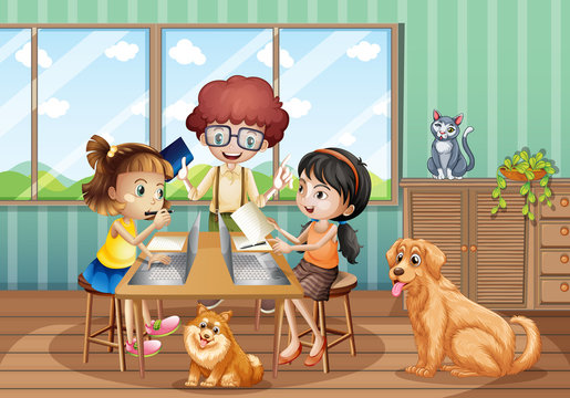 Scene With Three Kids Working On Computer At Home