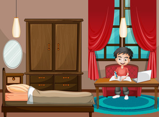 Scene with boy working on computer in bedroom