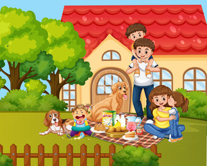 Scene with people staying at home with family