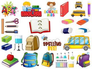 Large set of school items on white background