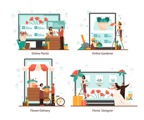 Naklejka premium Online florist service concept set on differernt device.
