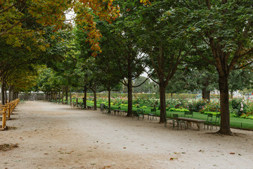 Typical Paris parks with no tourists and citizens staying at home in self-isolation. Sanitary crisis, inactivity, unemployment threaten european tourist industry and world economy
