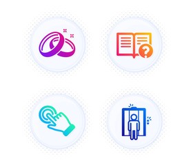 Touchscreen gesture, Wedding rings and Help icons simple set. Button with halftone dots. Elevator sign. Click hand, Love, Documentation. Lift. Business set. Vector