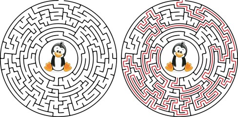 Cartoon Vector Illustration of Education Maze or Labyrinth Game for Preschool Children with Funny Penguin