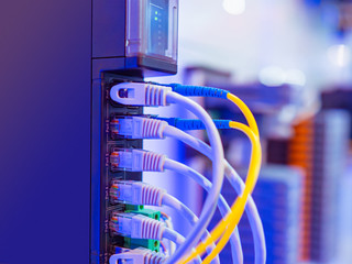 Router Servers on the company. Network hardware. Network cables. Communication center at the...