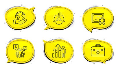 Employee results sign. Diploma certificate, save planet chat bubbles. Teamwork, First aid and Chemistry experiment line icons set. Employees chat, Medicine case, Laboratory flask. Chart. Vector