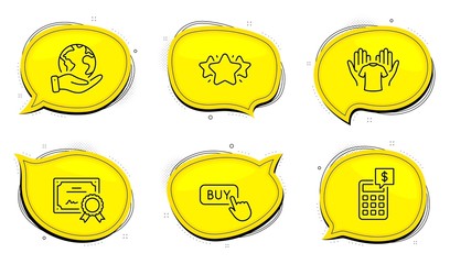 Calculator sign. Diploma certificate, save planet chat bubbles. Buy button, Hold t-shirt and Star line icons set. Online shopping, Laundry shirt, Favorite. Money management. Business set. Vector
