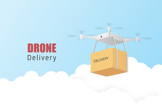Drone delivery concept poster or banner with Drone transporting parcels in the air. Paper art and craft in 3d style.