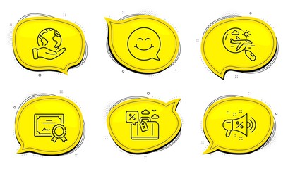 Smile face sign. Diploma certificate, save planet chat bubbles. Travel loan, Search flight and Sale megaphone line icons set. Trip discount, Airplane trip, Shopping. Chat. Holidays set. Vector