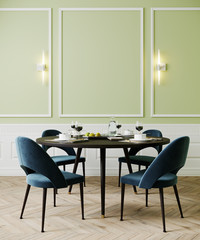 Dining room with blue chairs and lamps, light green empty wall mock up, 3d rendering