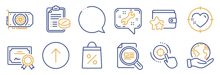 Set of Business icons, such as Loyalty program, Gpu. Certificate, save planet. Seo target, Check article, Heart target. Spanner, Shopping bag, Speech bubble. Vector