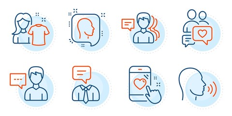 Dating chat, People and Support service signs. Heart rating, Human sing and Clean shirt line icons set. Person talk, Head symbols. Phone feedback, Talk. People set. Outline icons set. Vector