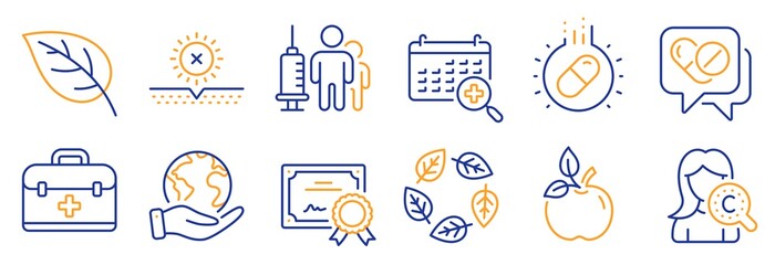 Set of Healthcare icons, such as No sun, Capsule pill. Certificate, save planet. Eco food, First aid, Organic tested. Collagen skin, Medical vaccination, Medical drugs. Leaf line icons. Vector