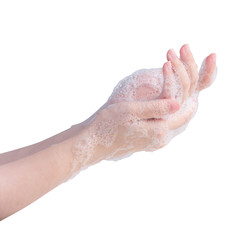 Washing hands isolated on white background. Asian young woman using liquid soap to wash hands, concept of protecting pandemic coronavirus, close up.