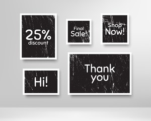 Shop now, 25% discount and final sale. Black photo frames with scratches. Thank you phrase. Sale shopping text. Grunge photo frames. Images on wall, retro memory album. Vector