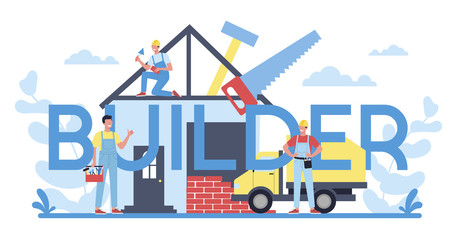 Obraz na płótnie Canvas Builder typographic header concept. Workers constructing home