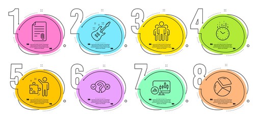 Candlestick chart, Group and Pie chart signs. Timeline steps infographic. Strategy, Attachment and Quiz test line icons set. Electric guitar, Time symbols. Business plan, Attach file. Vector