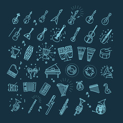 Outline flat vector icons. music classic instruments.
