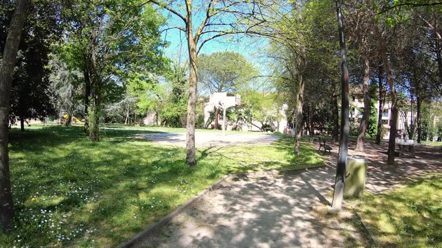 Walking Through Empty Park With Empty Basketball Courts on a Beautiful Spring Day in Toulouse, France