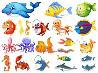 Obraz premium Large set of many sea creatures on white background