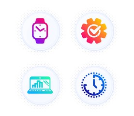 Graph laptop, Cogwheel and Smartwatch icons simple set. Button with halftone dots. Time sign. Mobile report, Engineering tool, Digital time. Clock. Technology set. Vector