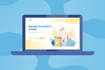 Online pharmacy web banner on computer or laptop. Medicine