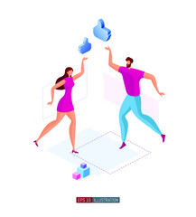 Trendy flat illustration. Man and woman with Like symbol. Concept for social media. Template for your design works. Vector graphics.