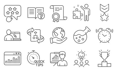 Set of Education icons, such as Help, Technical algorithm. Diploma, ideas, save planet. Winner podium, Marketing statistics, Online education. Strategy, Alarm clock, Ranking star. Vector