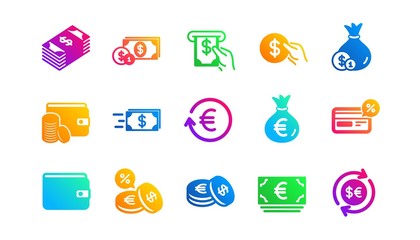 Cash, Wallet and Coins. Money and payment icons. Account cashback classic icon set. Gradient patterns. Quality signs set. Vector