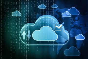 Cloud image, binary code and world map on background. Modern technology