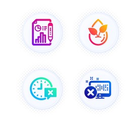 Organic product, Report document and Time icons simple set. Button with halftone dots. Reject access sign. Leaf, Growth chart, Remove alarm. Delete device. Technology set. Vector