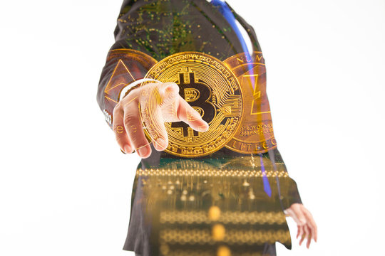 Man wearing suit corporate choosing bitcoin over litcoin and ripple double exposure