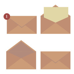 Different types of envelope: open, closed, with a letter inside. Vector illustration.