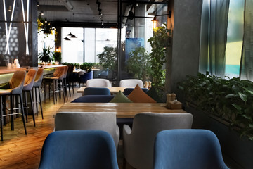 Empty interior of city cafe, quarantine concept, take away